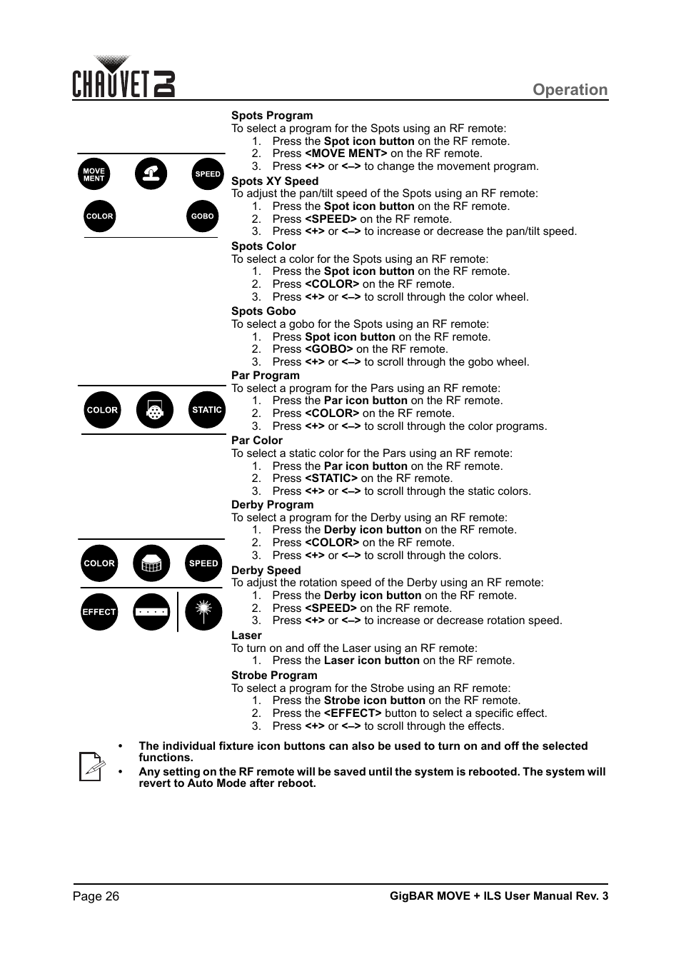 Operation | CHAUVET DJ GigBAR Move + ILS 5-in-1 Lighting System with Moving Heads, Pars, Derbys, Strobe, and Laser Effects User Manual | Page 32 / 164