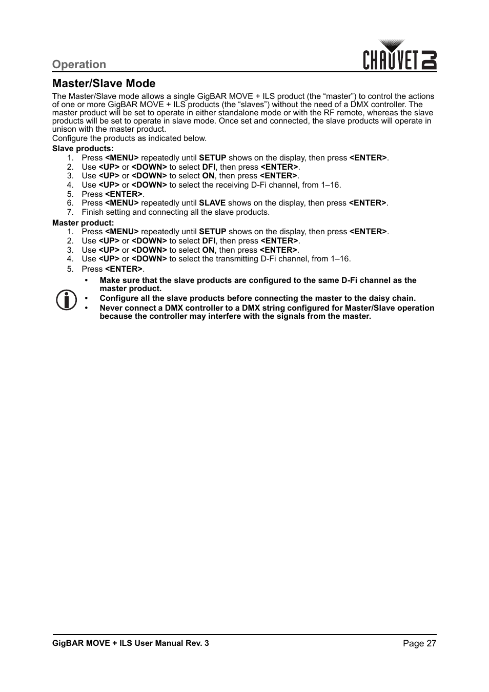 Master/slave mode, Operation master/slave mode | CHAUVET DJ GigBAR Move + ILS 5-in-1 Lighting System with Moving Heads, Pars, Derbys, Strobe, and Laser Effects User Manual | Page 33 / 164