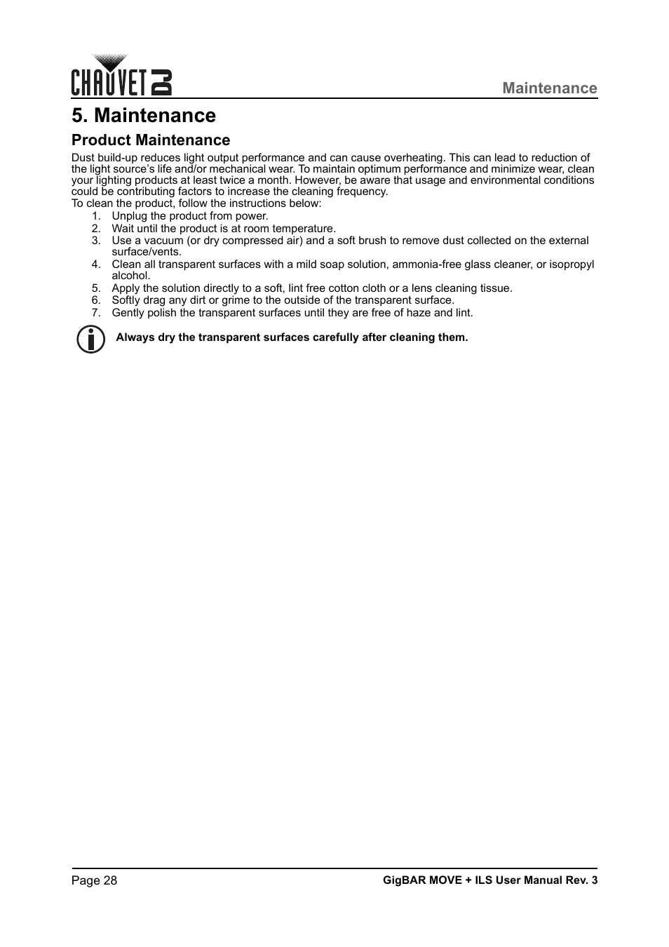 Maintenance, Product maintenance | CHAUVET DJ GigBAR Move + ILS 5-in-1 Lighting System with Moving Heads, Pars, Derbys, Strobe, and Laser Effects User Manual | Page 34 / 164