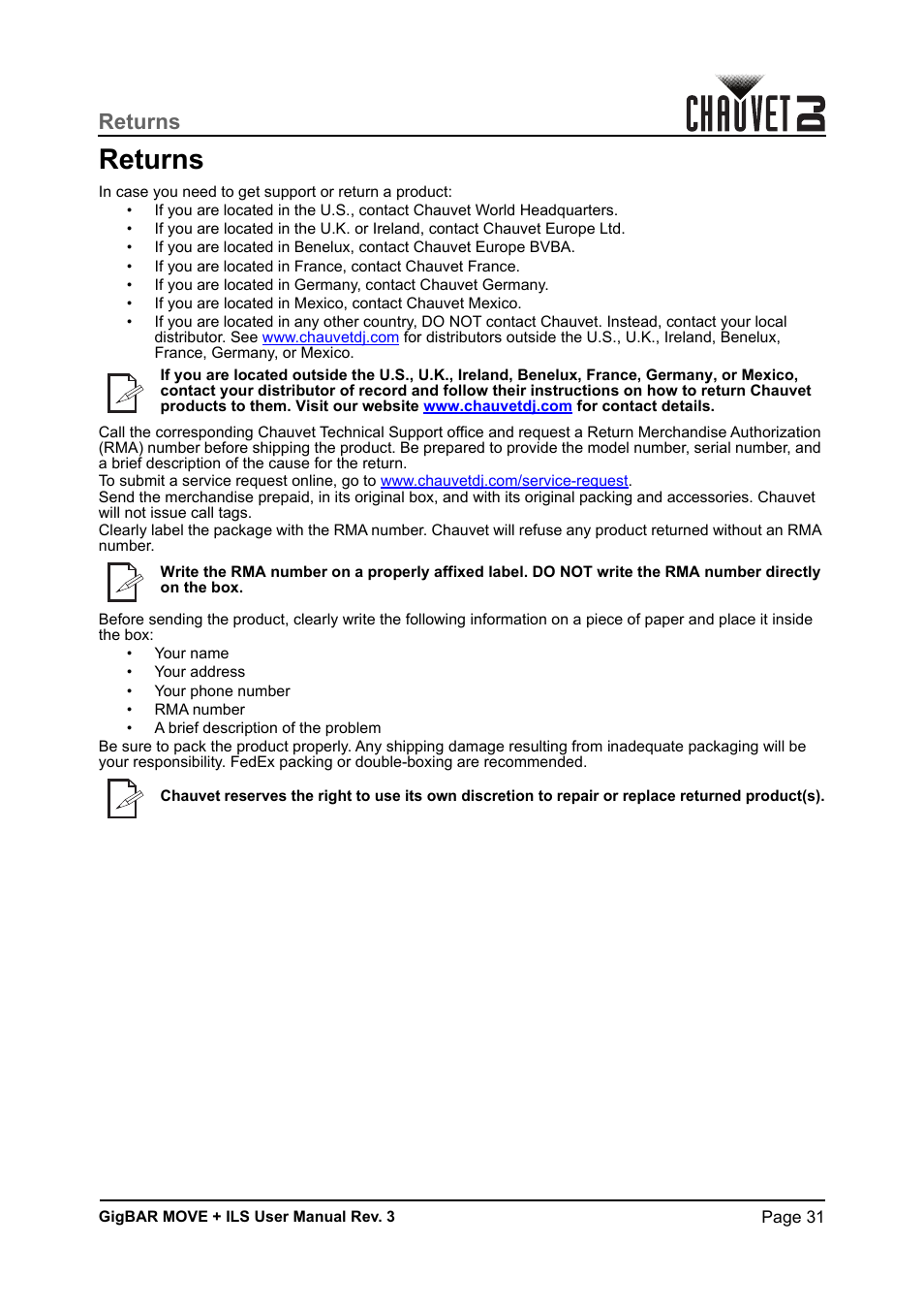 Returns | CHAUVET DJ GigBAR Move + ILS 5-in-1 Lighting System with Moving Heads, Pars, Derbys, Strobe, and Laser Effects User Manual | Page 37 / 164
