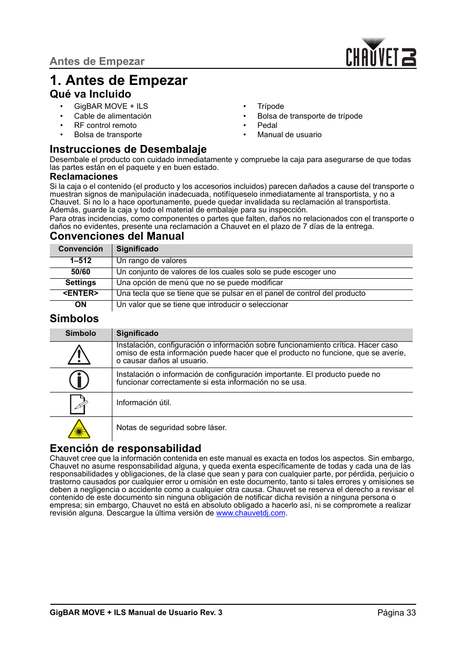 Antes de empezar, Qué va incluido, Instrucciones de desembalaje | Reclamaciones, Convenciones del manual, Símbolos, Exención de responsabilidad, Qué va incluido instrucciones de desembalaje | CHAUVET DJ GigBAR Move + ILS 5-in-1 Lighting System with Moving Heads, Pars, Derbys, Strobe, and Laser Effects User Manual | Page 39 / 164