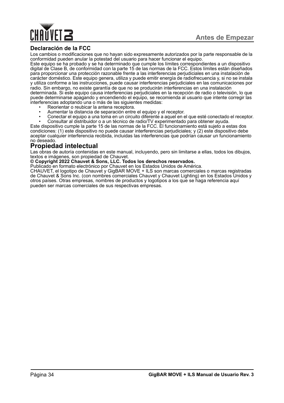 Declaración de la fcc, Propiedad intelectual, Antes de empezar | CHAUVET DJ GigBAR Move + ILS 5-in-1 Lighting System with Moving Heads, Pars, Derbys, Strobe, and Laser Effects User Manual | Page 40 / 164