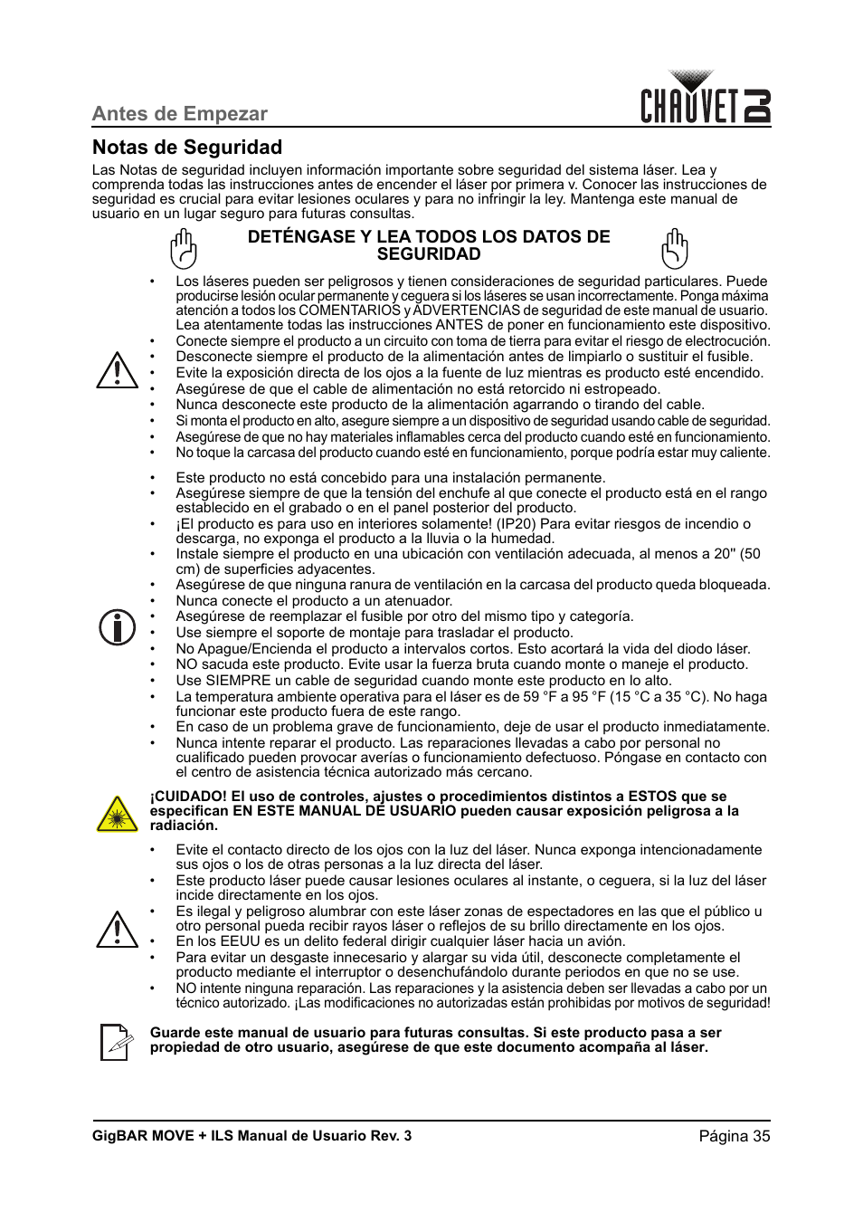 Notas de seguridad, Antes de empezar notas de seguridad, Deténgase y lea todos los datos de seguridad | CHAUVET DJ GigBAR Move + ILS 5-in-1 Lighting System with Moving Heads, Pars, Derbys, Strobe, and Laser Effects User Manual | Page 41 / 164