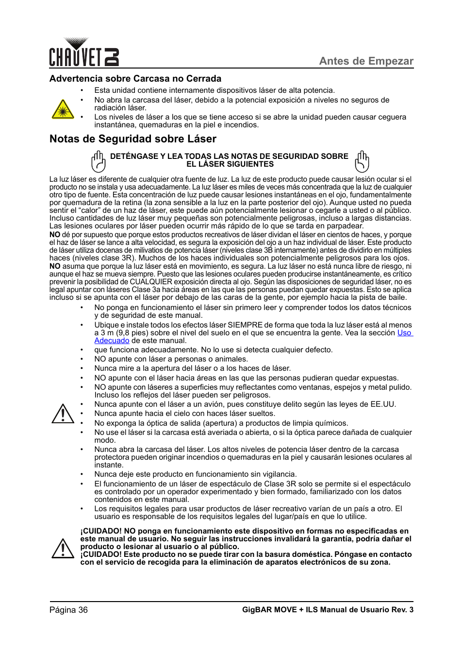 Advertencia sobre carcasa no cerrada, Notas de seguridad sobre láser, Antes de empezar | CHAUVET DJ GigBAR Move + ILS 5-in-1 Lighting System with Moving Heads, Pars, Derbys, Strobe, and Laser Effects User Manual | Page 42 / 164