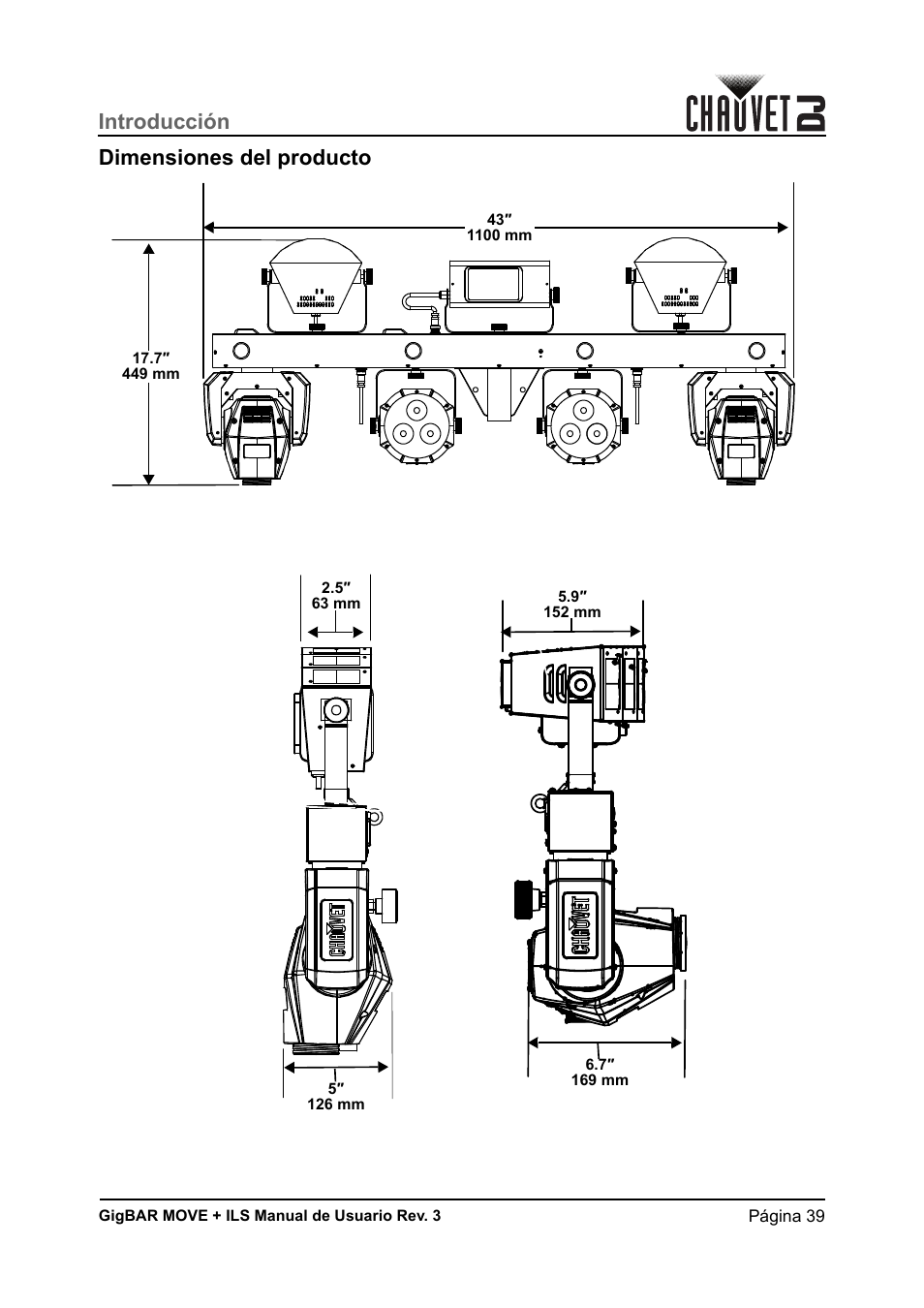 Dimensiones del producto, Introducción dimensiones del producto | CHAUVET DJ GigBAR Move + ILS 5-in-1 Lighting System with Moving Heads, Pars, Derbys, Strobe, and Laser Effects User Manual | Page 45 / 164