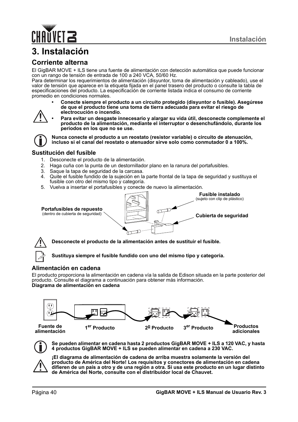 Instalación, Corriente alterna, Sustitución del fusible | Alimentación en cadena | CHAUVET DJ GigBAR Move + ILS 5-in-1 Lighting System with Moving Heads, Pars, Derbys, Strobe, and Laser Effects User Manual | Page 46 / 164