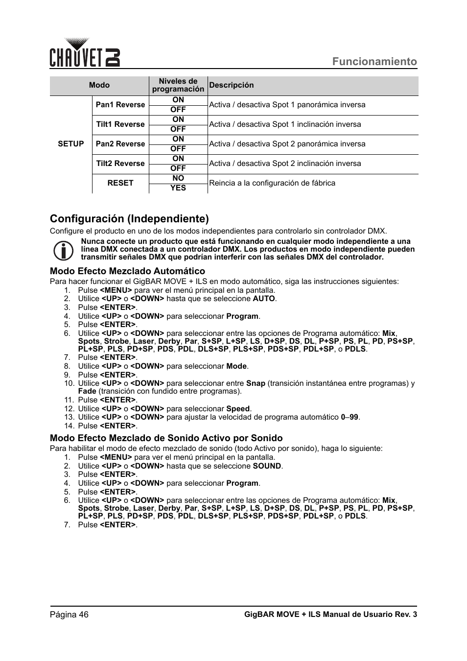 Configuración (independiente), Modo efecto mezclado automático, Modo efecto mezclado de sonido activo por sonido | Funcionamiento | CHAUVET DJ GigBAR Move + ILS 5-in-1 Lighting System with Moving Heads, Pars, Derbys, Strobe, and Laser Effects User Manual | Page 52 / 164