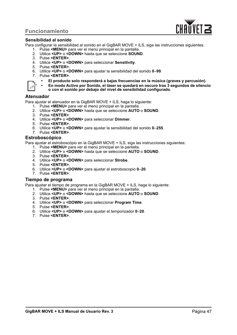 Sensibilidad al sonido, Atenuador, Estroboscópico | Tiempo de programa, Funcionamiento | CHAUVET DJ GigBAR Move + ILS 5-in-1 Lighting System with Moving Heads, Pars, Derbys, Strobe, and Laser Effects User Manual | Page 53 / 164