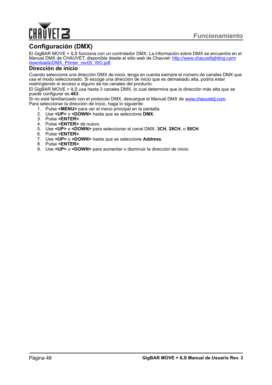 Configuración (dmx), Dirección de inicio, Funcionamiento | CHAUVET DJ GigBAR Move + ILS 5-in-1 Lighting System with Moving Heads, Pars, Derbys, Strobe, and Laser Effects User Manual | Page 54 / 164