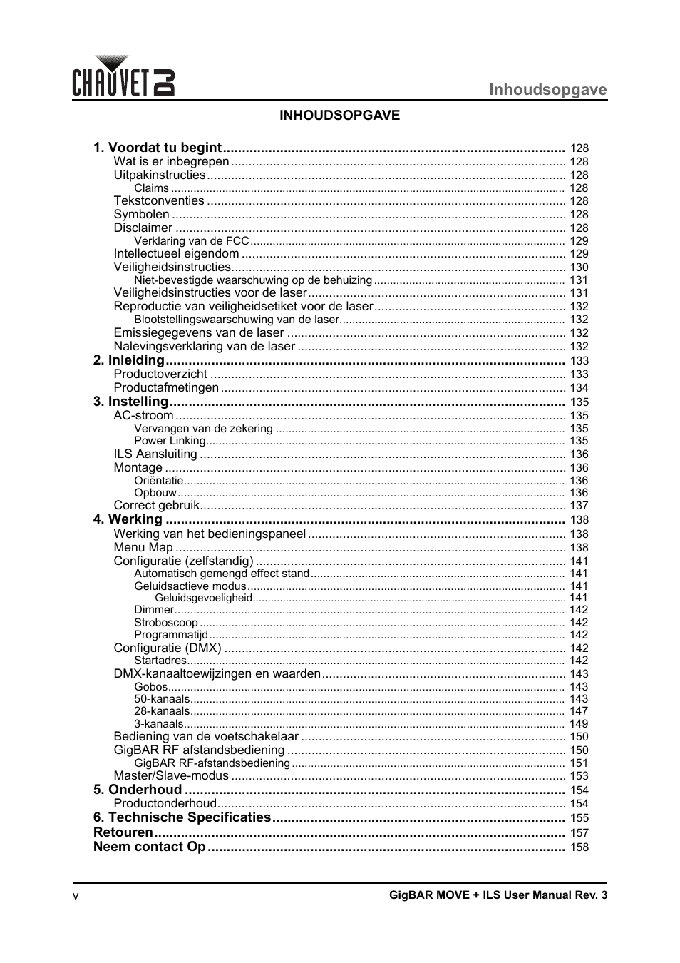 Inhoudsopgave | CHAUVET DJ GigBAR Move + ILS 5-in-1 Lighting System with Moving Heads, Pars, Derbys, Strobe, and Laser Effects User Manual | Page 6 / 164