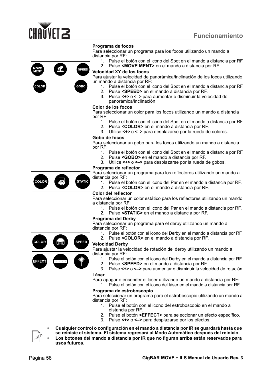 Funcionamiento | CHAUVET DJ GigBAR Move + ILS 5-in-1 Lighting System with Moving Heads, Pars, Derbys, Strobe, and Laser Effects User Manual | Page 64 / 164