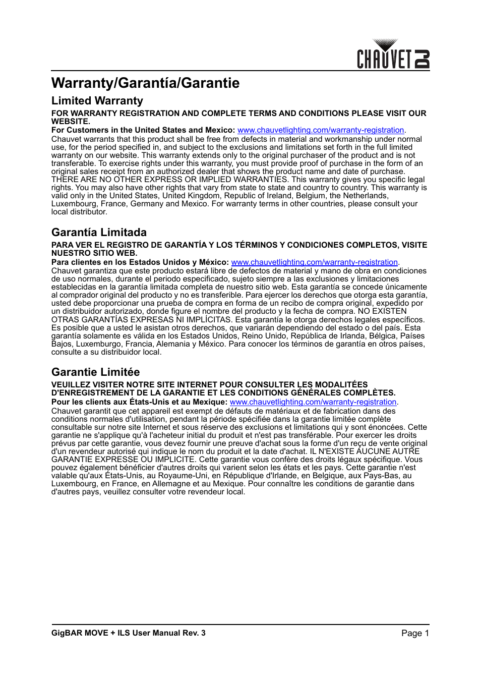 Warranty/garantía/garantie, Limited warranty, Garantía limitada | Garantie limitée | CHAUVET DJ GigBAR Move + ILS 5-in-1 Lighting System with Moving Heads, Pars, Derbys, Strobe, and Laser Effects User Manual | Page 7 / 164