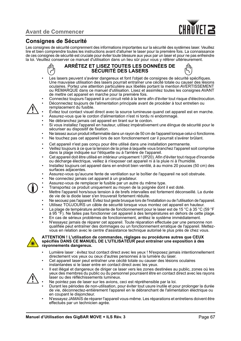 Consignes de sécurité, Avant de commencer consignes de sécurité | CHAUVET DJ GigBAR Move + ILS 5-in-1 Lighting System with Moving Heads, Pars, Derbys, Strobe, and Laser Effects User Manual | Page 73 / 164