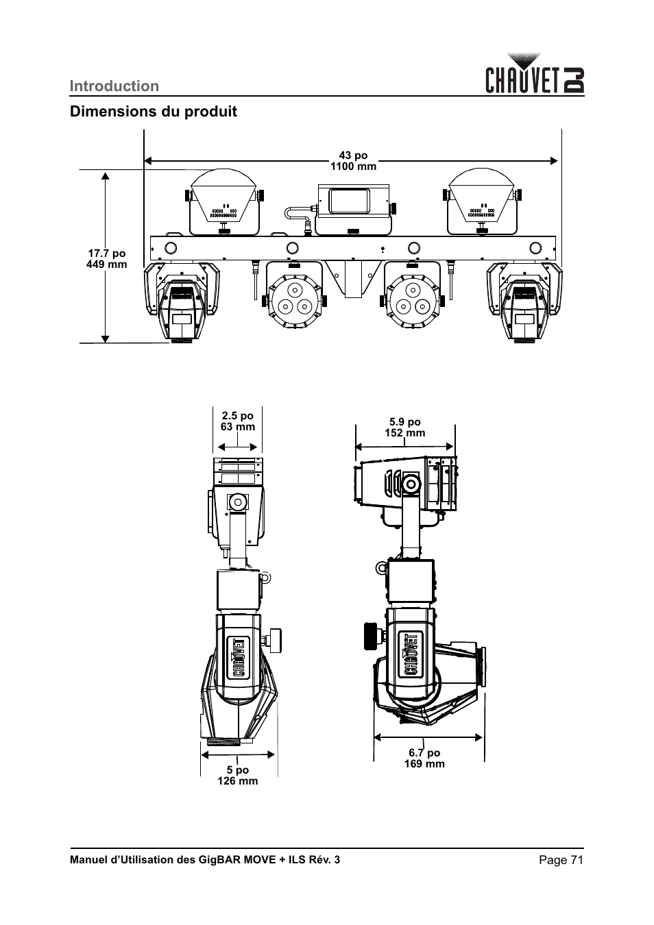 Dimensions du produit, Introduction dimensions du produit | CHAUVET DJ GigBAR Move + ILS 5-in-1 Lighting System with Moving Heads, Pars, Derbys, Strobe, and Laser Effects User Manual | Page 77 / 164