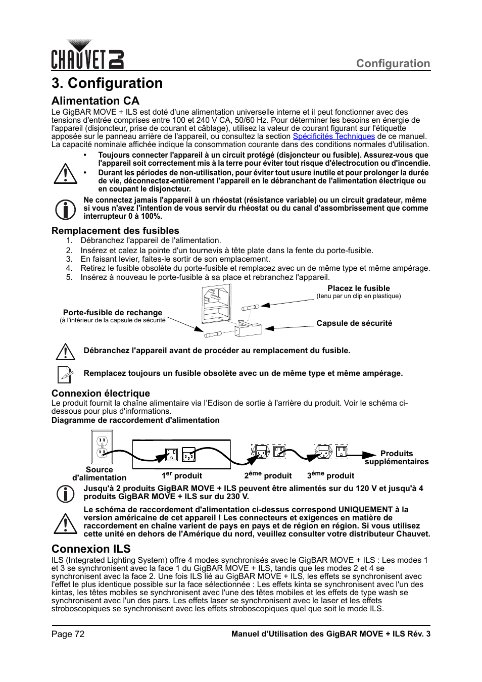 Configuration, Alimentation ca, Remplacement des fusibles | Connexion électrique, Connexion ils | CHAUVET DJ GigBAR Move + ILS 5-in-1 Lighting System with Moving Heads, Pars, Derbys, Strobe, and Laser Effects User Manual | Page 78 / 164