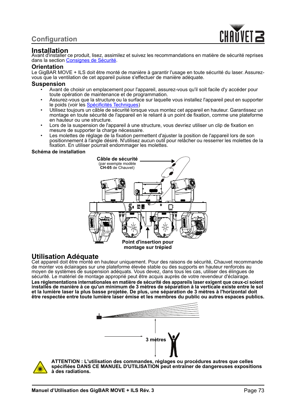 Installation, Orientation, Suspension | Utilisation adéquate, Configuration installation | CHAUVET DJ GigBAR Move + ILS 5-in-1 Lighting System with Moving Heads, Pars, Derbys, Strobe, and Laser Effects User Manual | Page 79 / 164