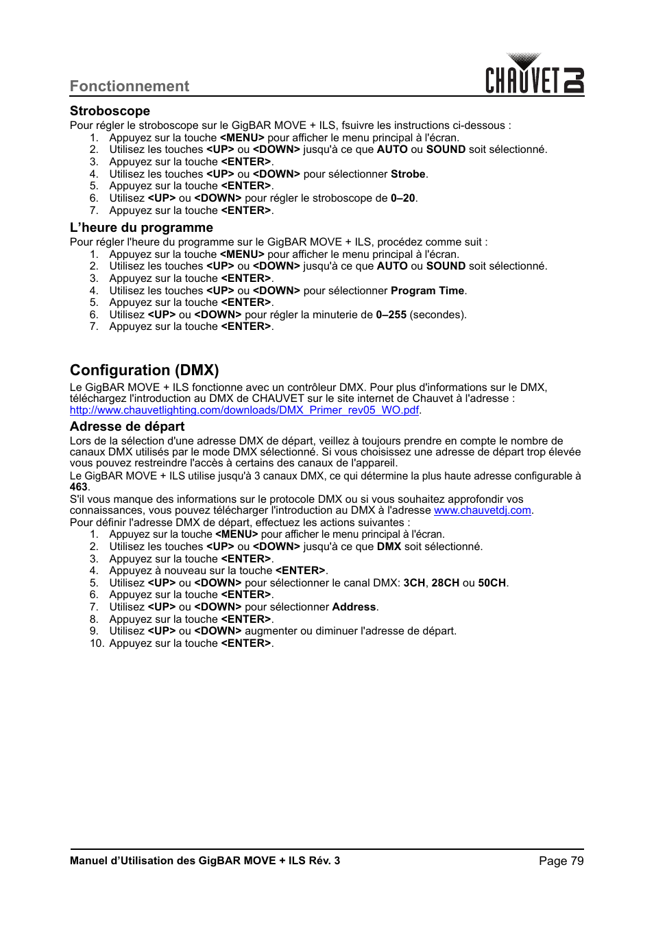 Stroboscope, L’heure du programme, Configuration (dmx) | Adresse de départ, Fonctionnement | CHAUVET DJ GigBAR Move + ILS 5-in-1 Lighting System with Moving Heads, Pars, Derbys, Strobe, and Laser Effects User Manual | Page 85 / 164