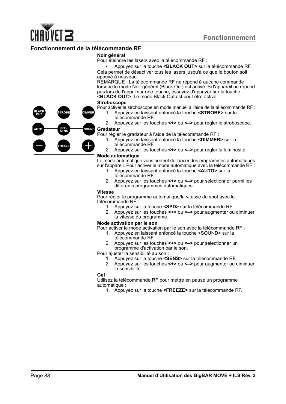 Fonctionnement de la télécommande rf, Fonctionnement | CHAUVET DJ GigBAR Move + ILS 5-in-1 Lighting System with Moving Heads, Pars, Derbys, Strobe, and Laser Effects User Manual | Page 94 / 164