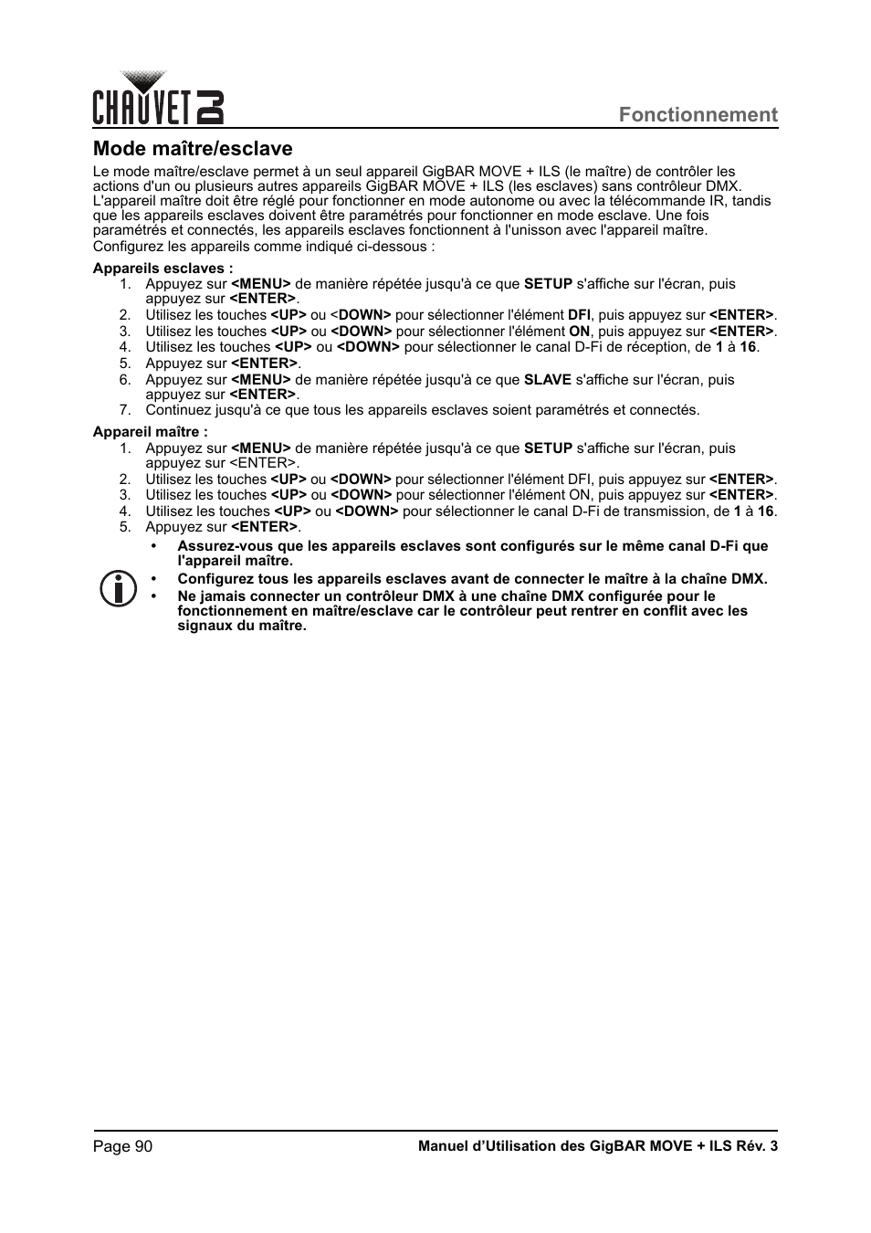 Mode maître/esclave, Fonctionnement | CHAUVET DJ GigBAR Move + ILS 5-in-1 Lighting System with Moving Heads, Pars, Derbys, Strobe, and Laser Effects User Manual | Page 96 / 164