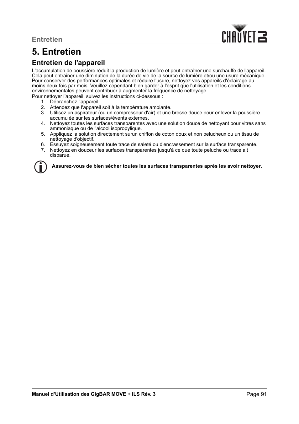 Entretien, Entretien de l'appareil | CHAUVET DJ GigBAR Move + ILS 5-in-1 Lighting System with Moving Heads, Pars, Derbys, Strobe, and Laser Effects User Manual | Page 97 / 164