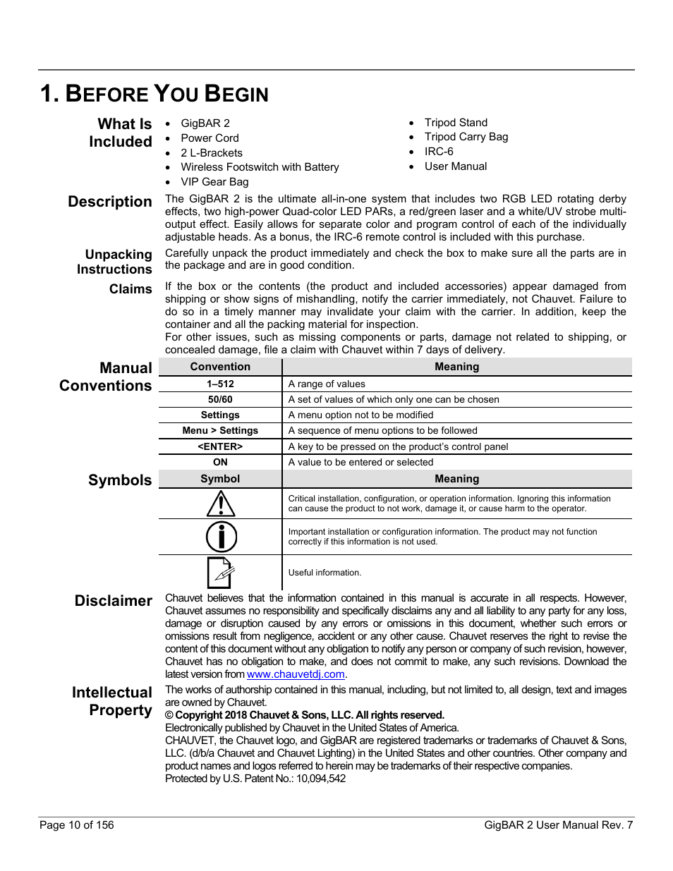 Before you begin, What is included, Description | Unpacking instructions, Claims, Manual conventions, Symbols, Disclaimer, Intellectual property, Efore | CHAUVET DJ GigBAR 2 All-In-One Lighting System User Manual | Page 10 / 156