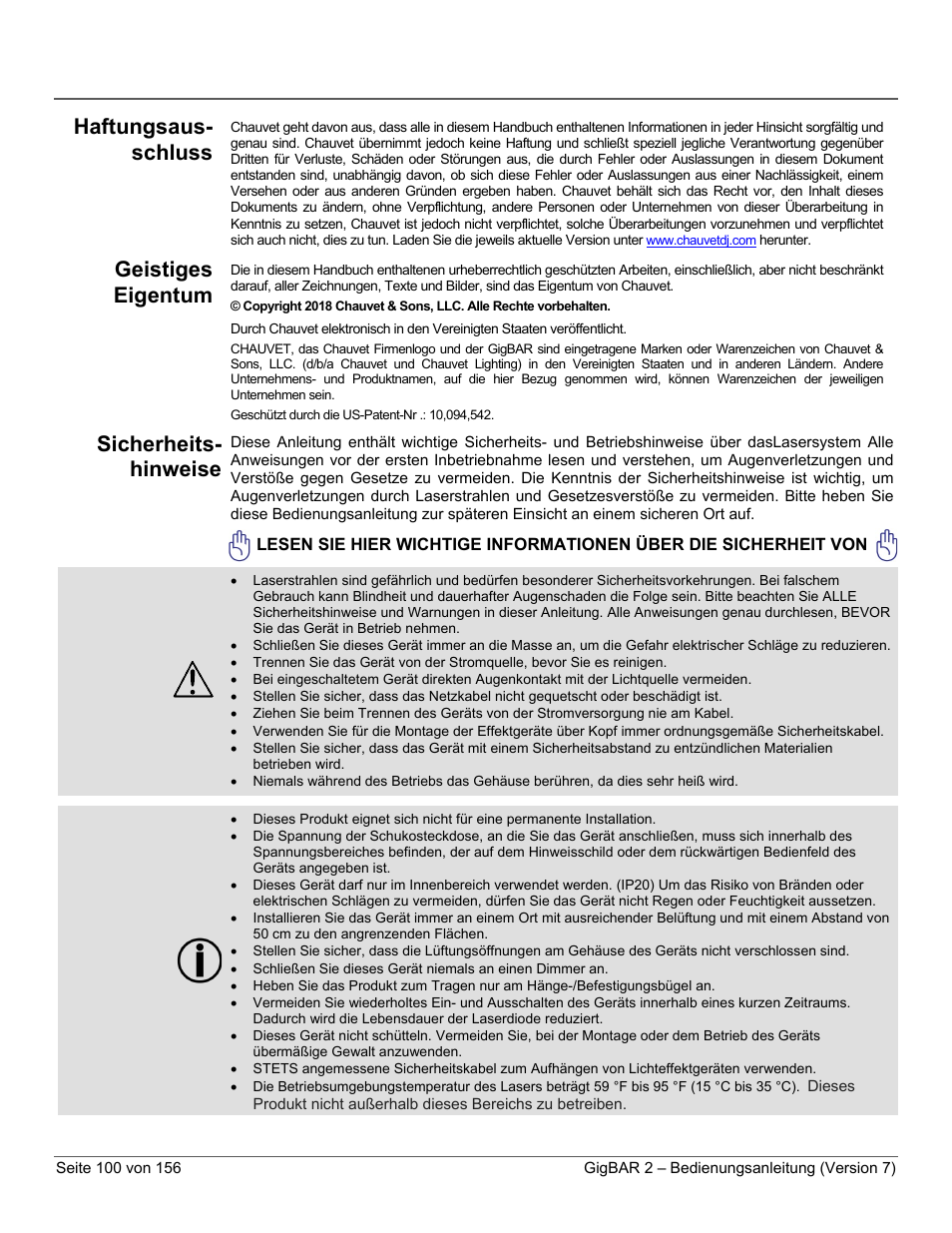 Haftungsaus-schluss, Geistiges eigentum, Sicherheits-hinweise | Haftungsaus- schluss, Sicherheits- hinweise | CHAUVET DJ GigBAR 2 All-In-One Lighting System User Manual | Page 100 / 156