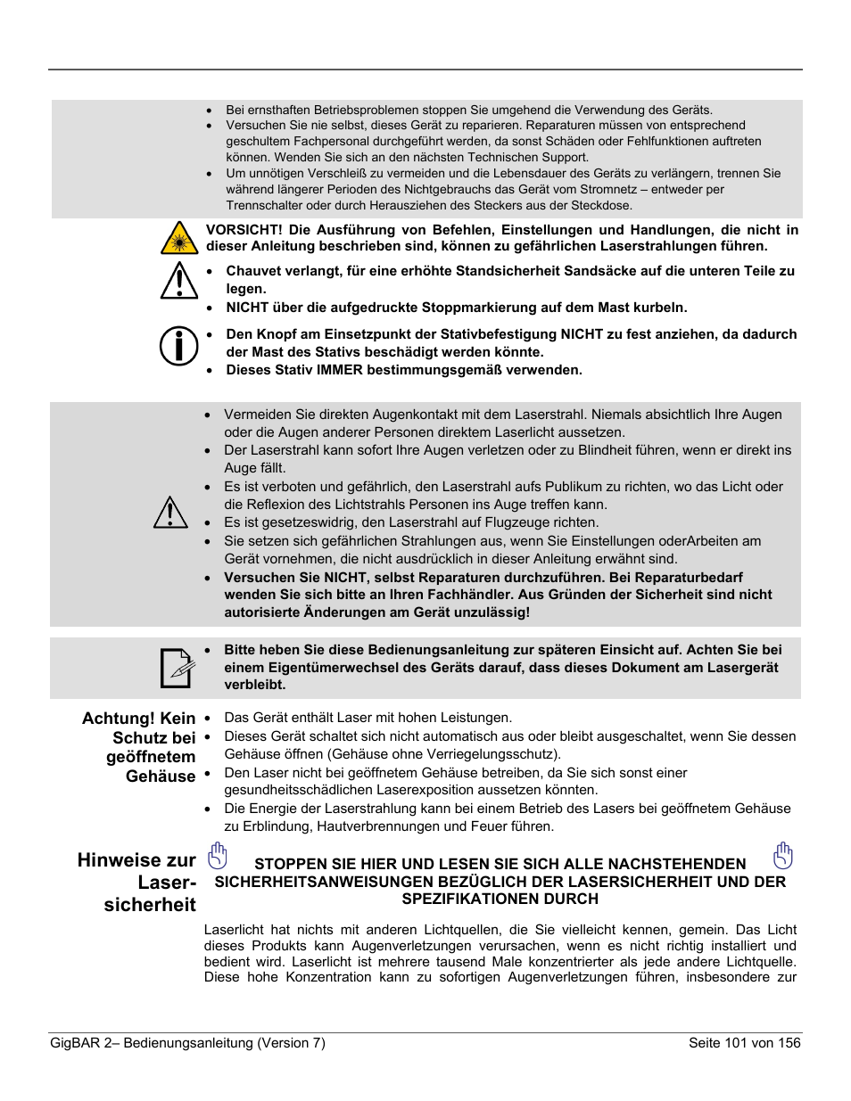 Achtung! kein schutz bei geöffnetem gehäuse, Hinweise zur laser-sicherheit, Hinweise zur laser- sicherheit | CHAUVET DJ GigBAR 2 All-In-One Lighting System User Manual | Page 101 / 156