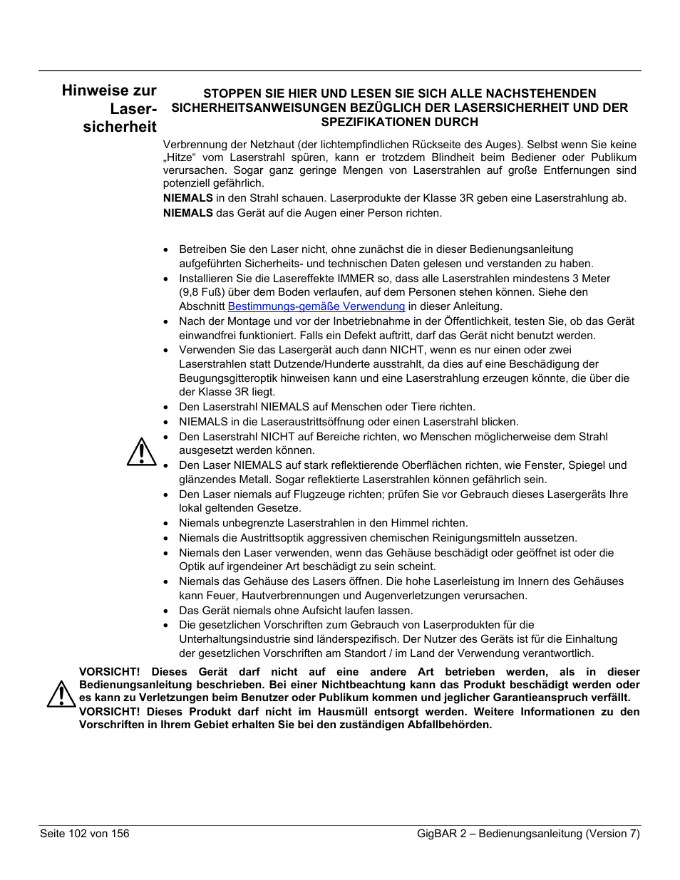 Hinweise zur laser- sicherheit | CHAUVET DJ GigBAR 2 All-In-One Lighting System User Manual | Page 102 / 156