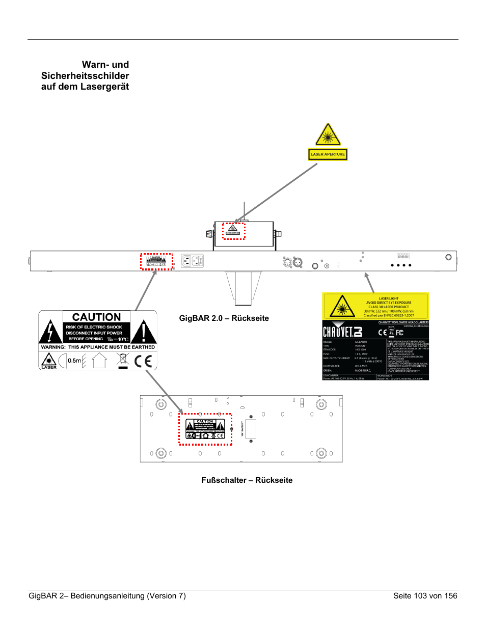 Warn- und sicherheitsschilder auf dem lasergerät | CHAUVET DJ GigBAR 2 All-In-One Lighting System User Manual | Page 103 / 156