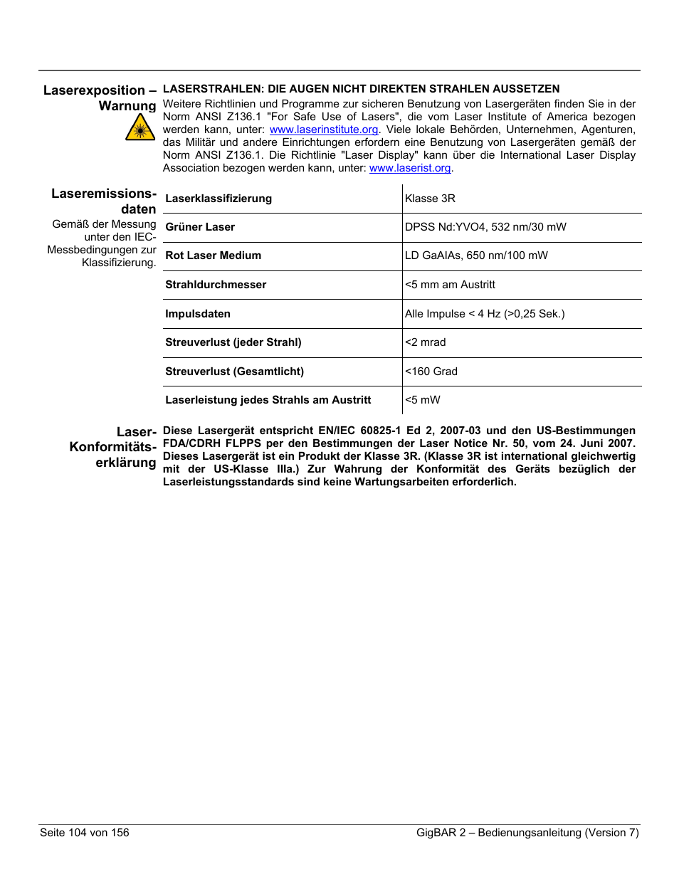 Laserexposition – warnung, Laseremissions-daten, Laser-konformitäts-erklärung | CHAUVET DJ GigBAR 2 All-In-One Lighting System User Manual | Page 104 / 156