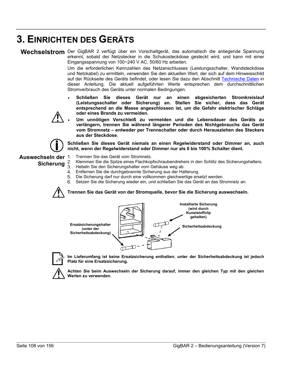 Einrichten des geräts, Wechselstrom, Auswechseln der sicherung | Inrichten des, Eräts | CHAUVET DJ GigBAR 2 All-In-One Lighting System User Manual | Page 108 / 156