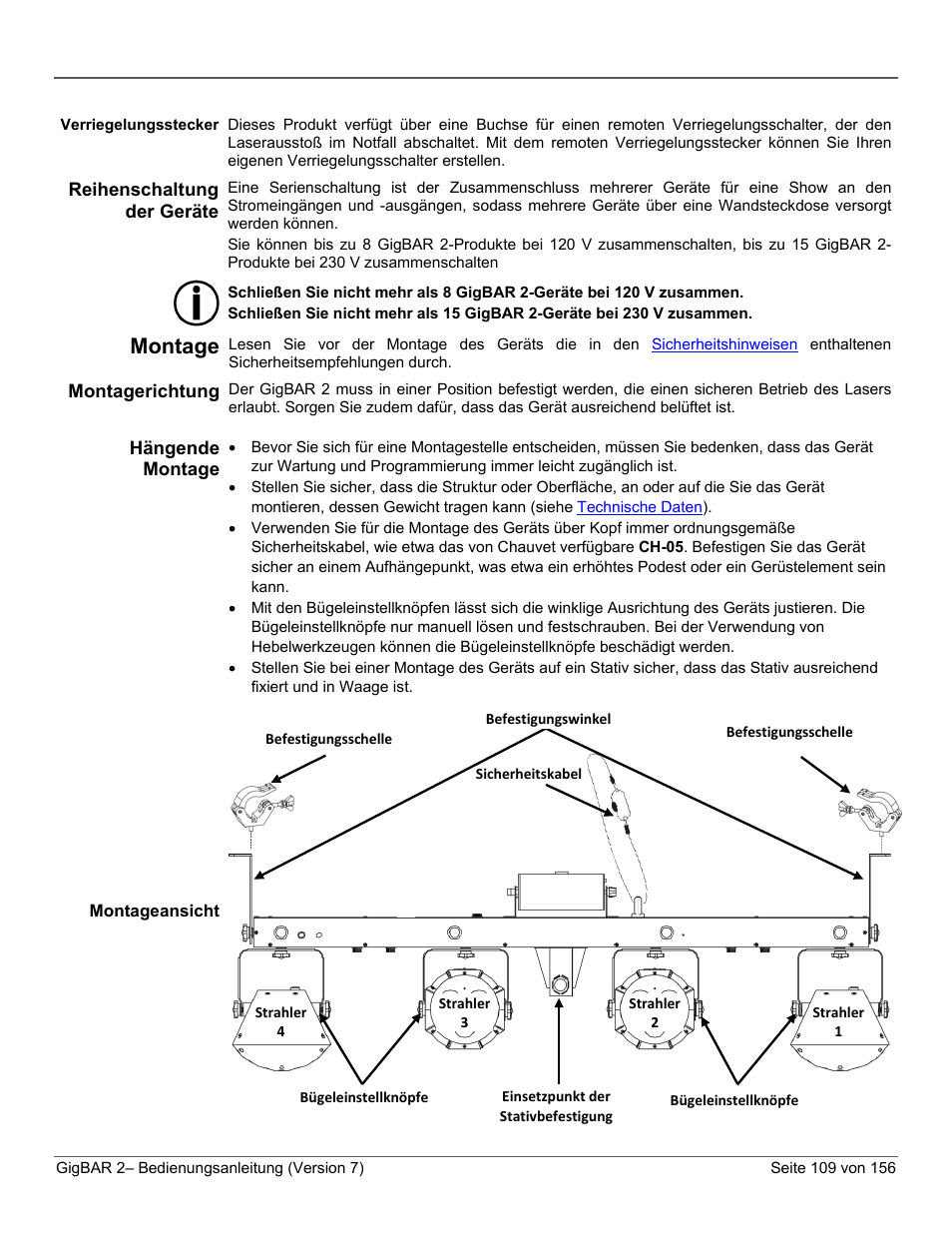 Verriegelungsstecker, Reihenschaltung der geräte, Montage | Montagerichtung, Hängende montage, Montageansicht | CHAUVET DJ GigBAR 2 All-In-One Lighting System User Manual | Page 109 / 156