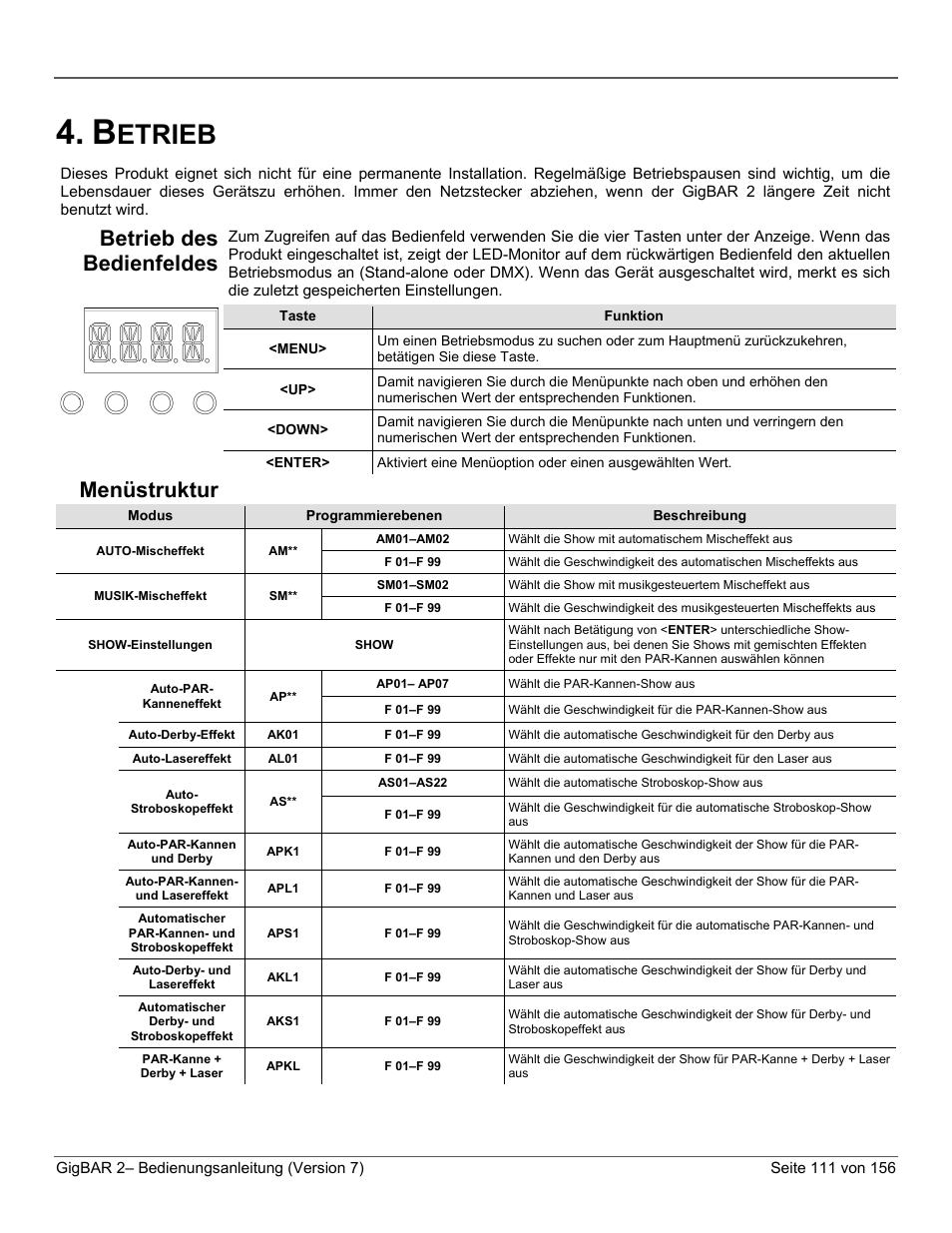 Betrieb, Betrieb des bedienfeldes, Menüstruktur | Etrieb | CHAUVET DJ GigBAR 2 All-In-One Lighting System User Manual | Page 111 / 156