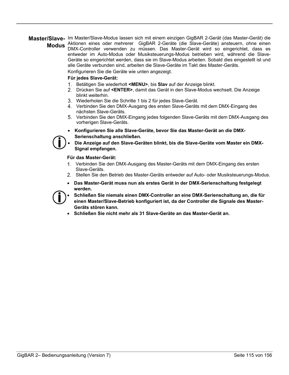 Master/slave, Modus | CHAUVET DJ GigBAR 2 All-In-One Lighting System User Manual | Page 115 / 156