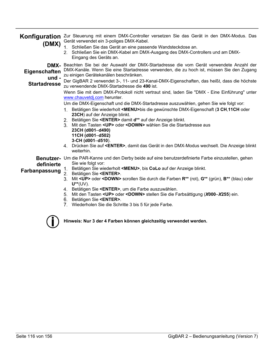 Konfiguration (dmx), Dmx-eigenschaften und -startadresse, Benutzer-definierte farbanpassung | CHAUVET DJ GigBAR 2 All-In-One Lighting System User Manual | Page 116 / 156