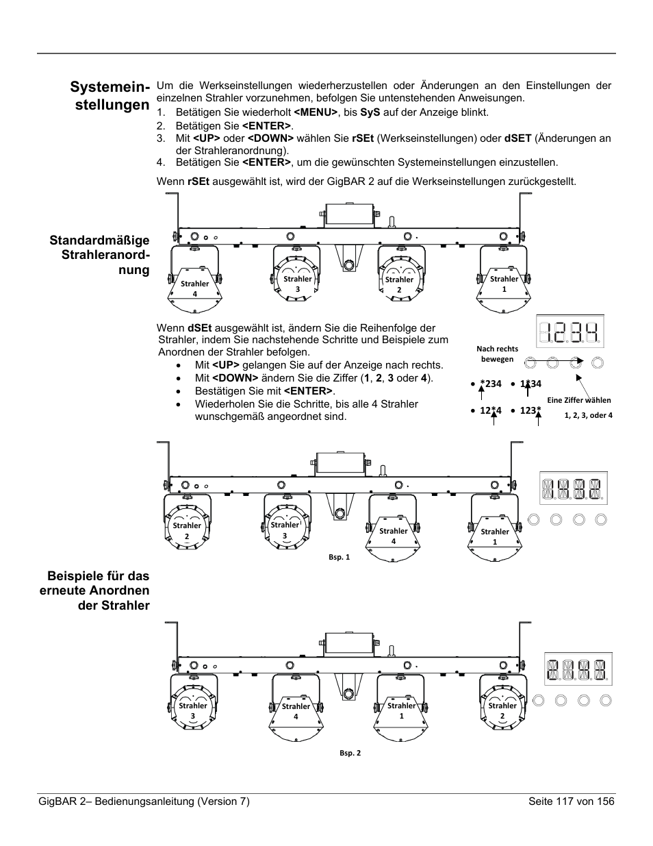 Systemein-stellungen, Standardmäßige strahleranord-nung, Beispiele für das erneute anordnen der strahler | Systemein- stellungen, Standardmäßige strahleranord- nung | CHAUVET DJ GigBAR 2 All-In-One Lighting System User Manual | Page 117 / 156