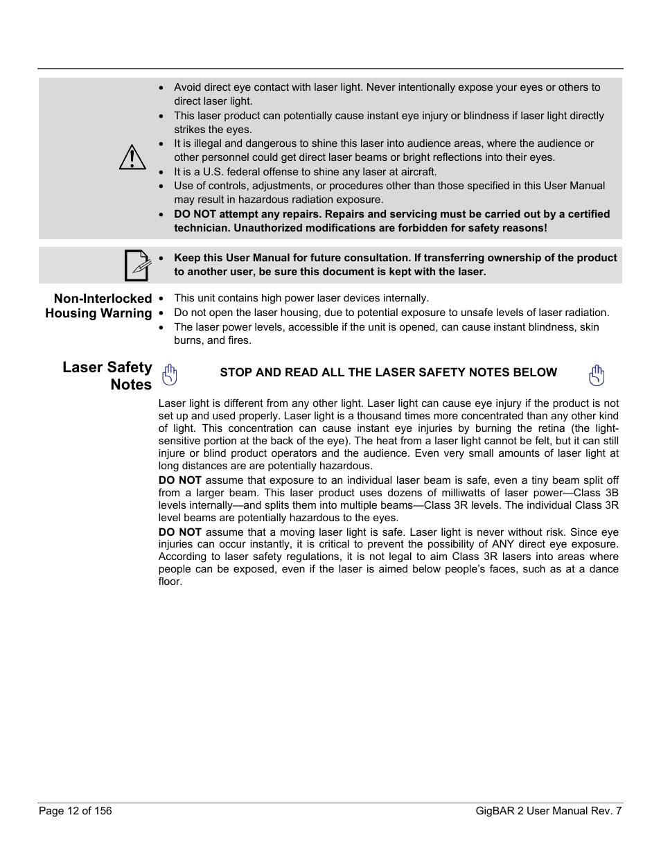 Non-interlocked housing warning, Laser safety notes | CHAUVET DJ GigBAR 2 All-In-One Lighting System User Manual | Page 12 / 156