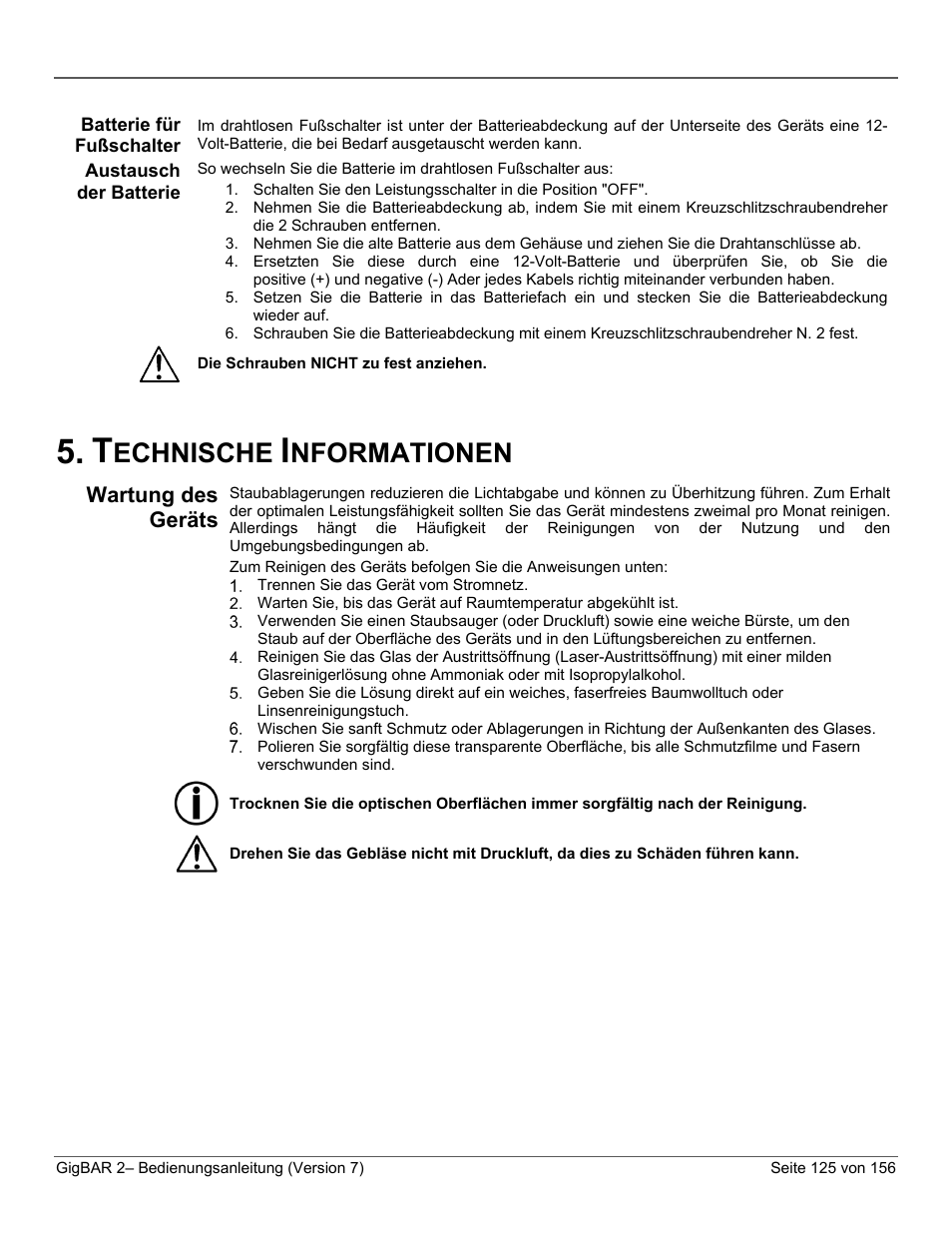 Batterie für fußschalter, Austausch der batterie, Technische informationen | Wartung des geräts, Echnische, Nformationen | CHAUVET DJ GigBAR 2 All-In-One Lighting System User Manual | Page 125 / 156