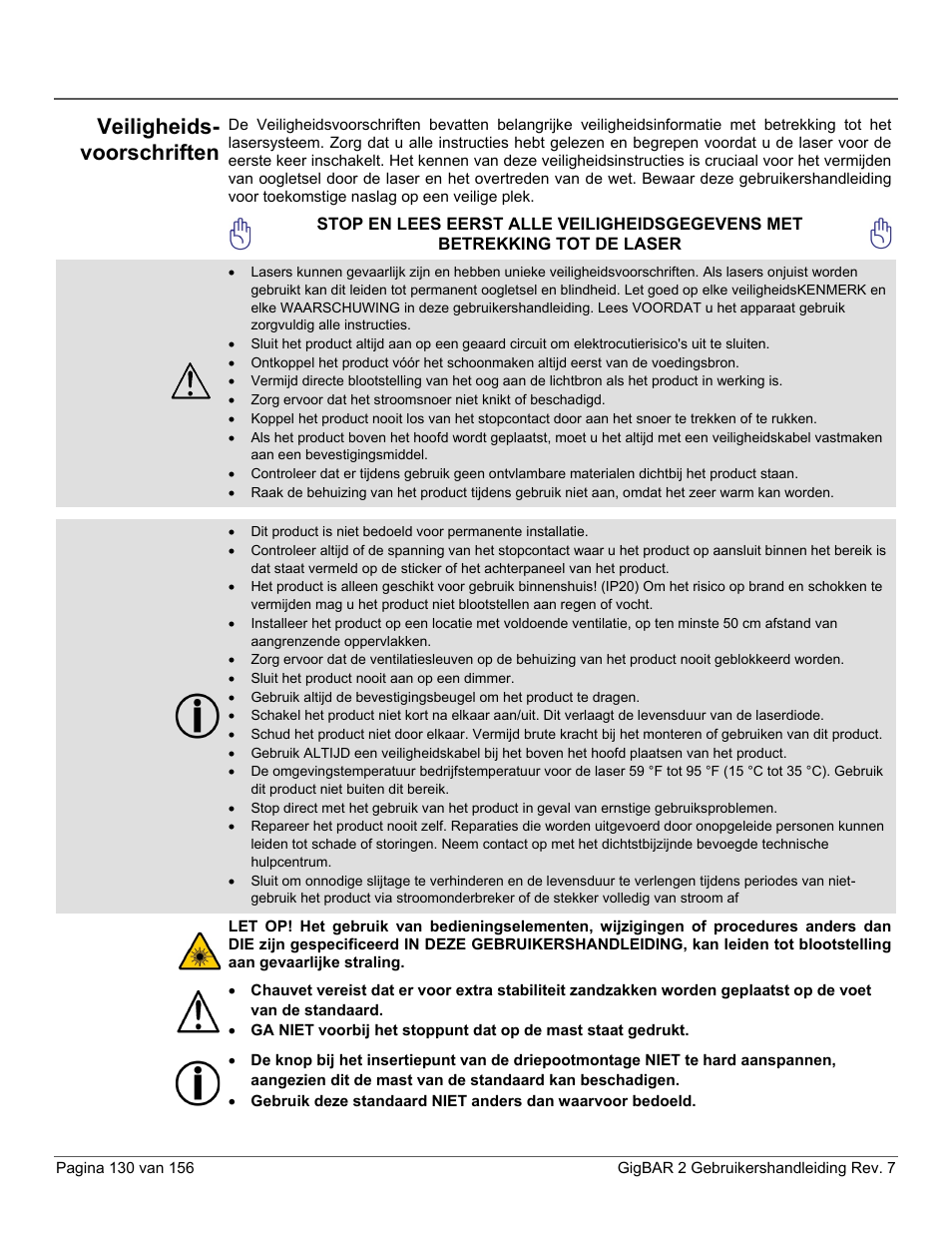 Veiligheids-voorschriften, Veiligheids- voorschriften | CHAUVET DJ GigBAR 2 All-In-One Lighting System User Manual | Page 130 / 156