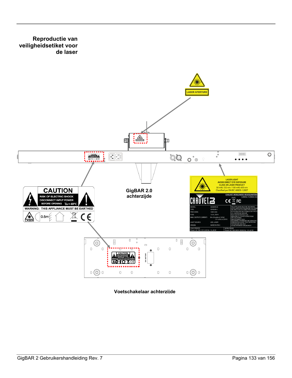 Reproductie van veiligheidsetiket voor de laser | CHAUVET DJ GigBAR 2 All-In-One Lighting System User Manual | Page 133 / 156