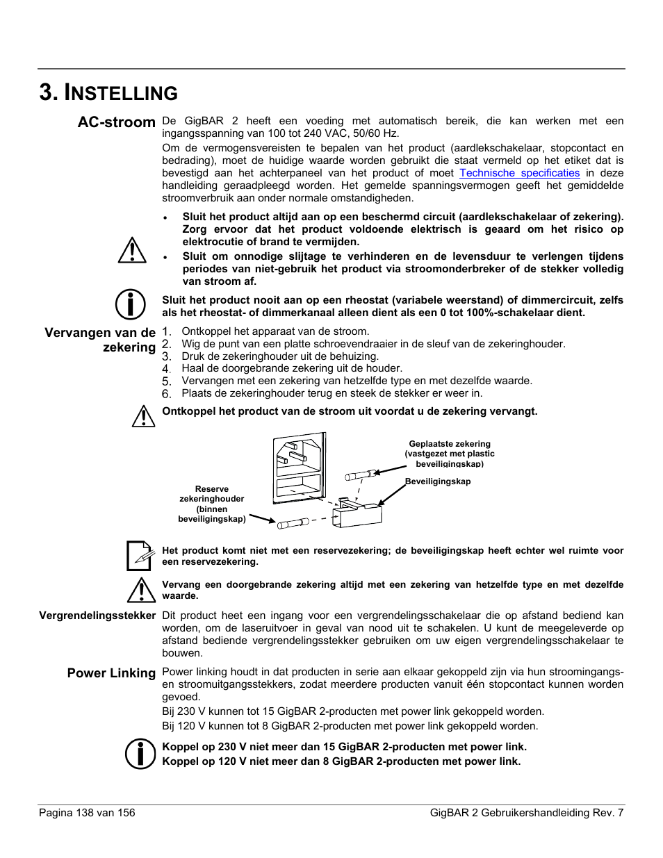 Instelling, Ac-stroom, Vervangen van de zekering | Vergrendelingsstekker, Power linking, Nstelling | CHAUVET DJ GigBAR 2 All-In-One Lighting System User Manual | Page 138 / 156