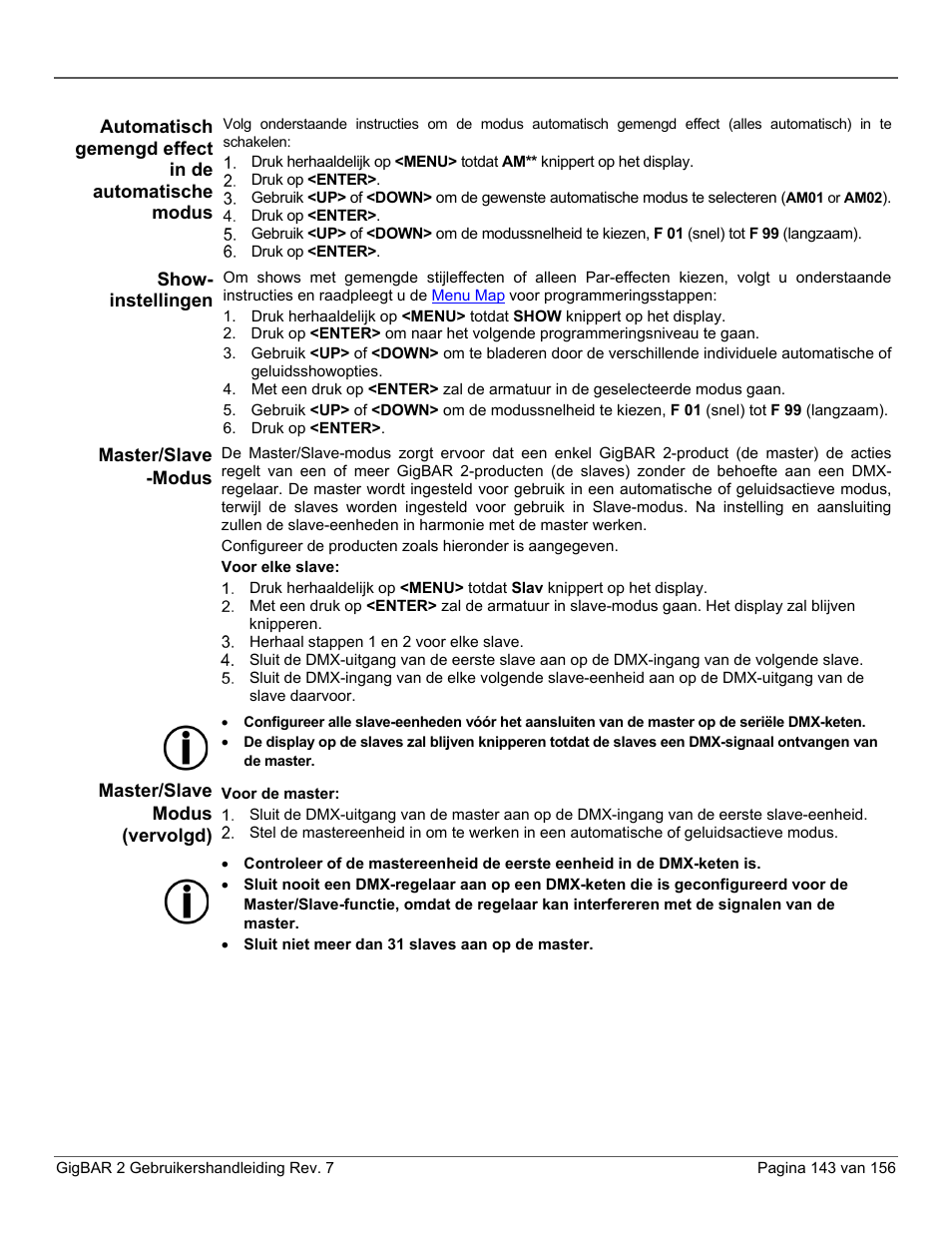 Show-instellingen, Master/slave, Modus | Modus (vervolgd) | CHAUVET DJ GigBAR 2 All-In-One Lighting System User Manual | Page 143 / 156