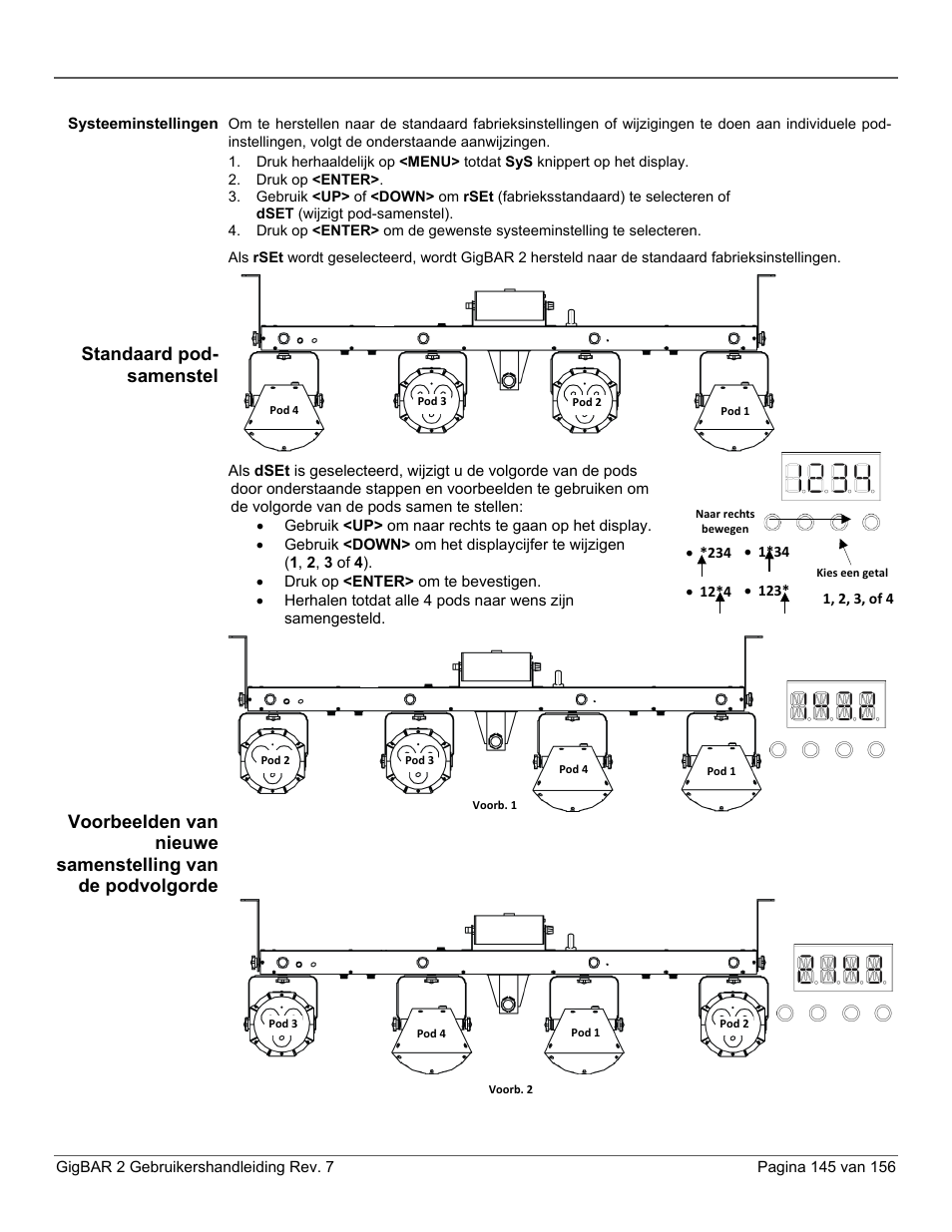 Systeeminstellingen, Standaard pod-samenstel, Standaard pod- samenstel | CHAUVET DJ GigBAR 2 All-In-One Lighting System User Manual | Page 145 / 156