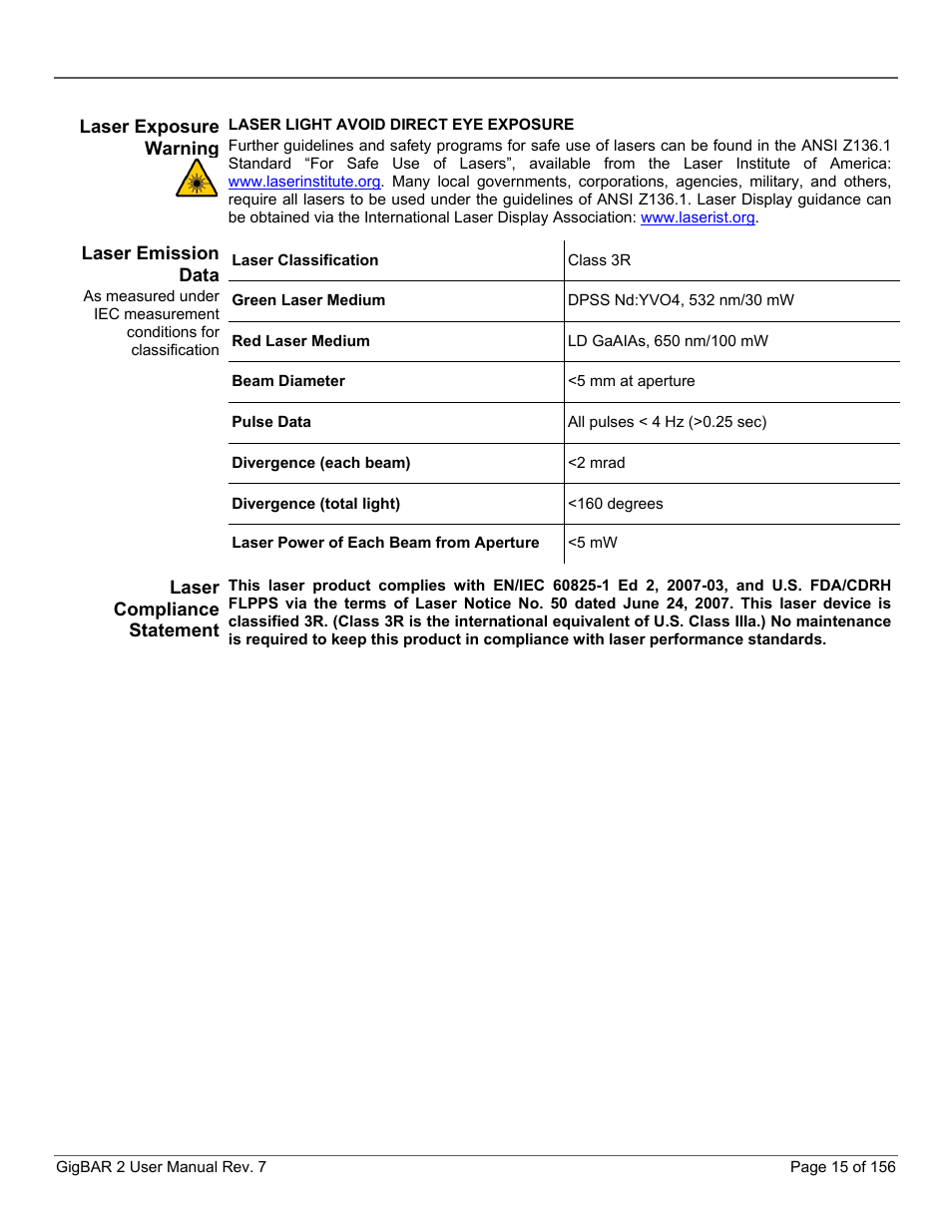 Laser exposure warning, Laser emission data, Laser compliance statement | CHAUVET DJ GigBAR 2 All-In-One Lighting System User Manual | Page 15 / 156