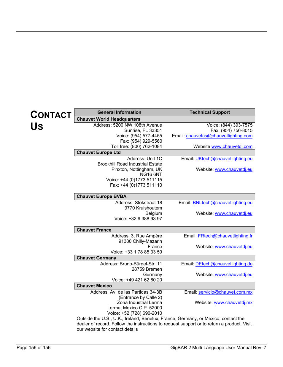 Contact us, Ontact | CHAUVET DJ GigBAR 2 All-In-One Lighting System User Manual | Page 156 / 156