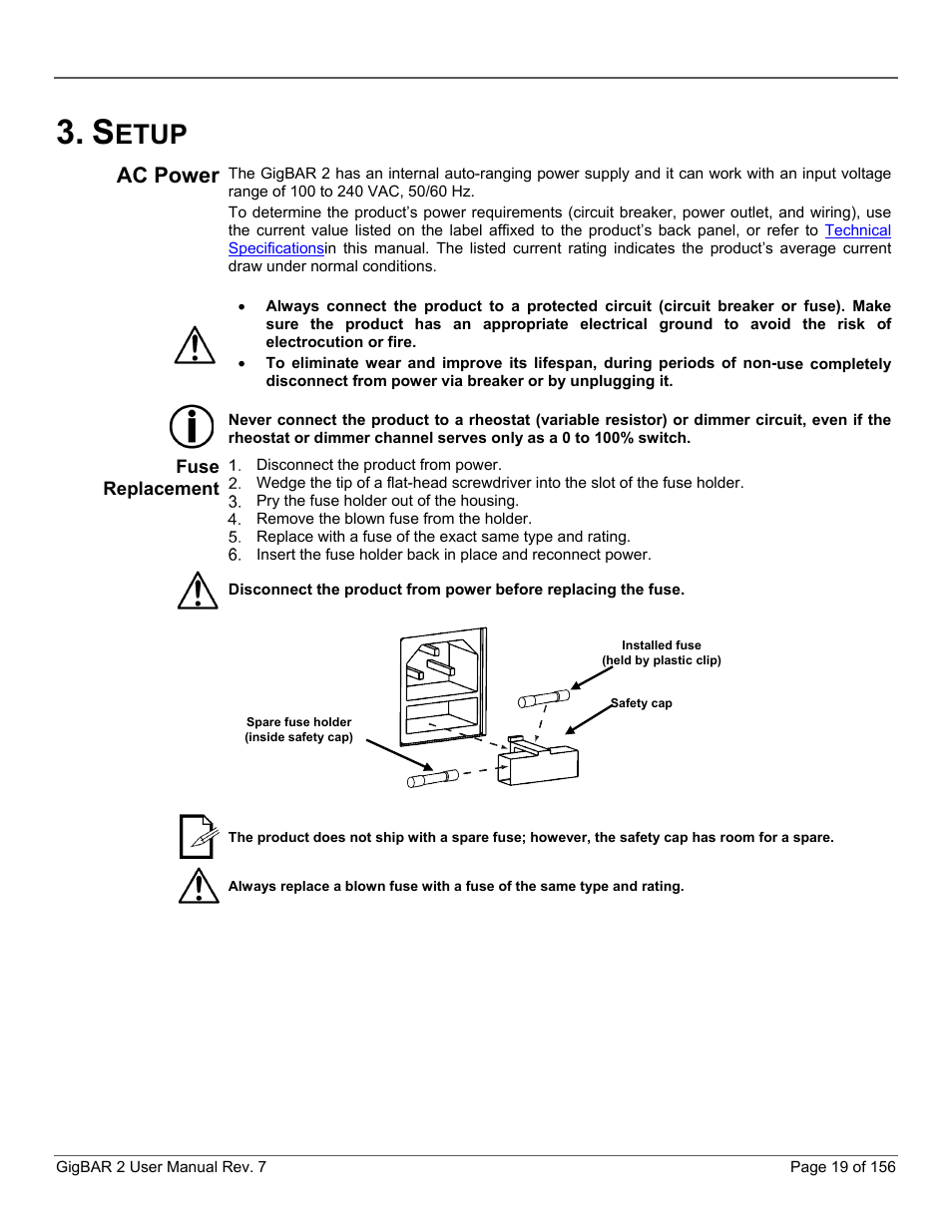Setup, Ac power, Fuse replacement | Etup | CHAUVET DJ GigBAR 2 All-In-One Lighting System User Manual | Page 19 / 156