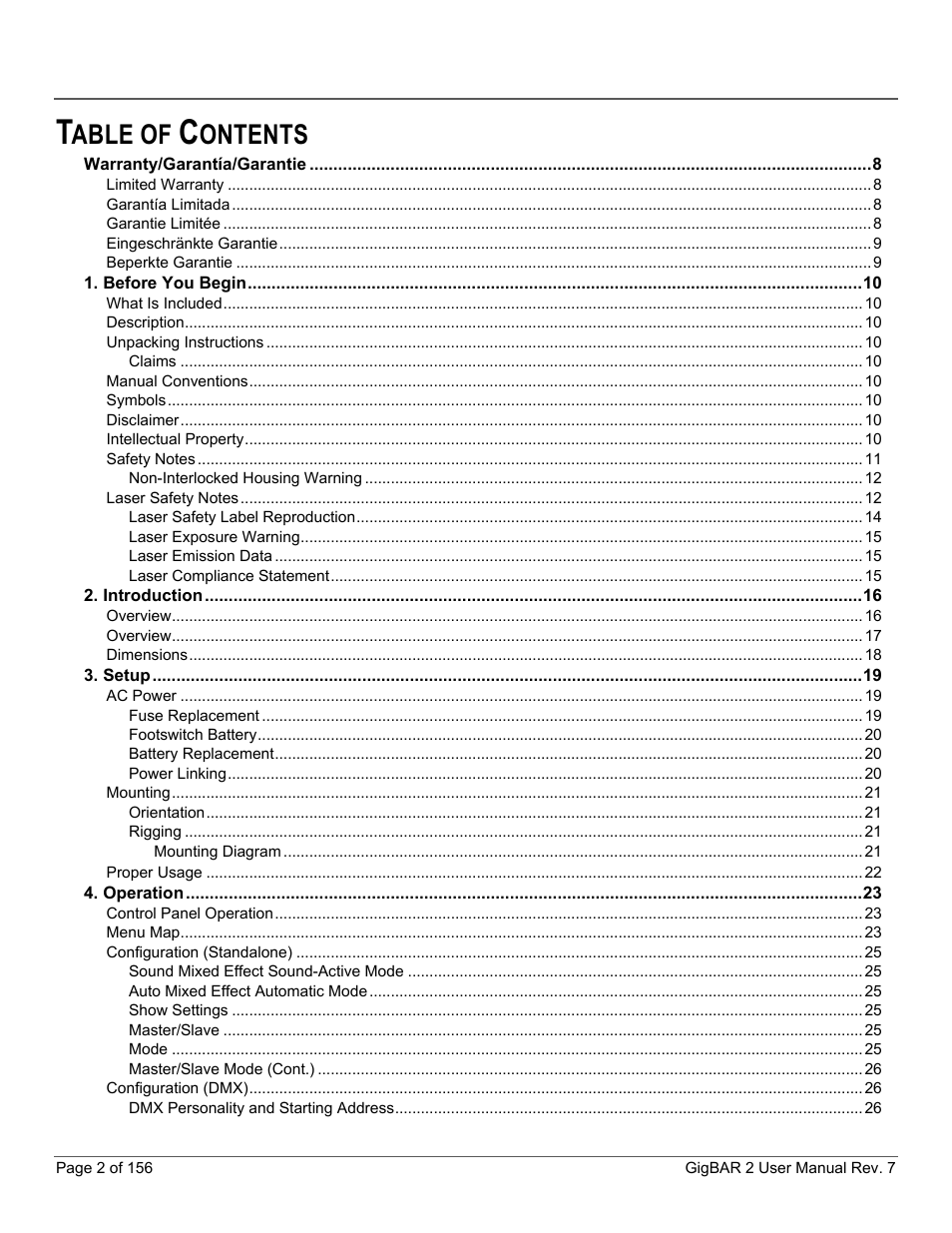 Able of, Ontents | CHAUVET DJ GigBAR 2 All-In-One Lighting System User Manual | Page 2 / 156