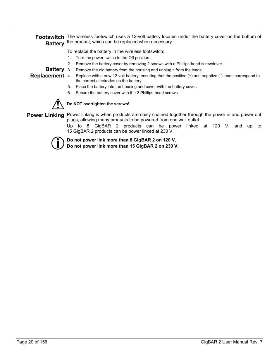 Footswitch battery, Battery replacement, Power linking | CHAUVET DJ GigBAR 2 All-In-One Lighting System User Manual | Page 20 / 156