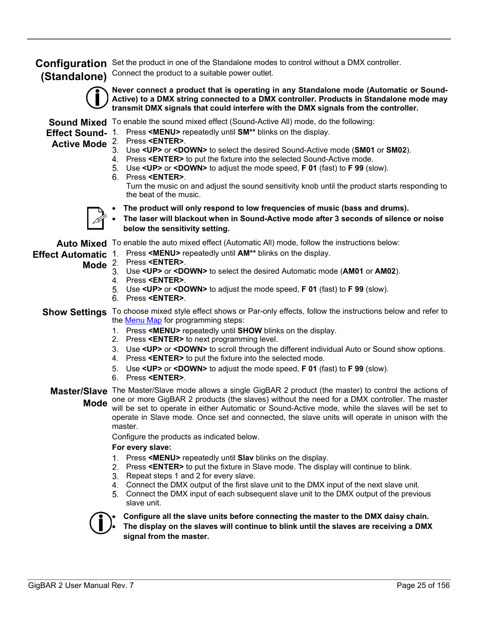 Configuration (standalone), Sound mixed effect sound-active mode, Auto mixed effect automatic mode | Show settings, Master/slave, Mode | CHAUVET DJ GigBAR 2 All-In-One Lighting System User Manual | Page 25 / 156