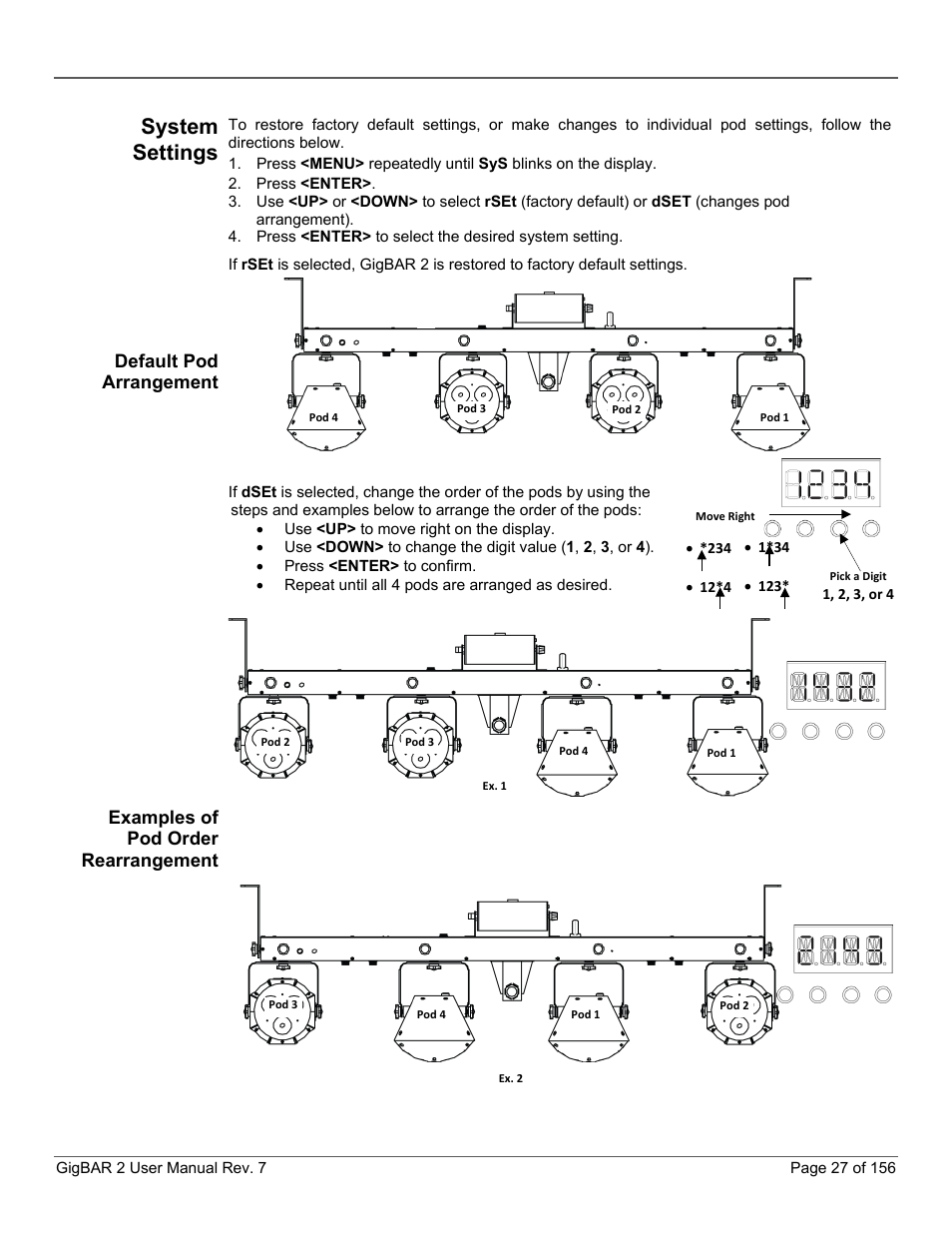 System settings, Default pod arrangement, Examples of pod order rearrangement | CHAUVET DJ GigBAR 2 All-In-One Lighting System User Manual | Page 27 / 156